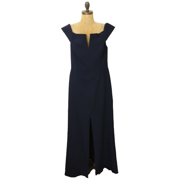 Dessy Collection Off Shoulder Notched Trumpet Gown 16R Slit Midnight Navy B5 - Picture 2 of 6